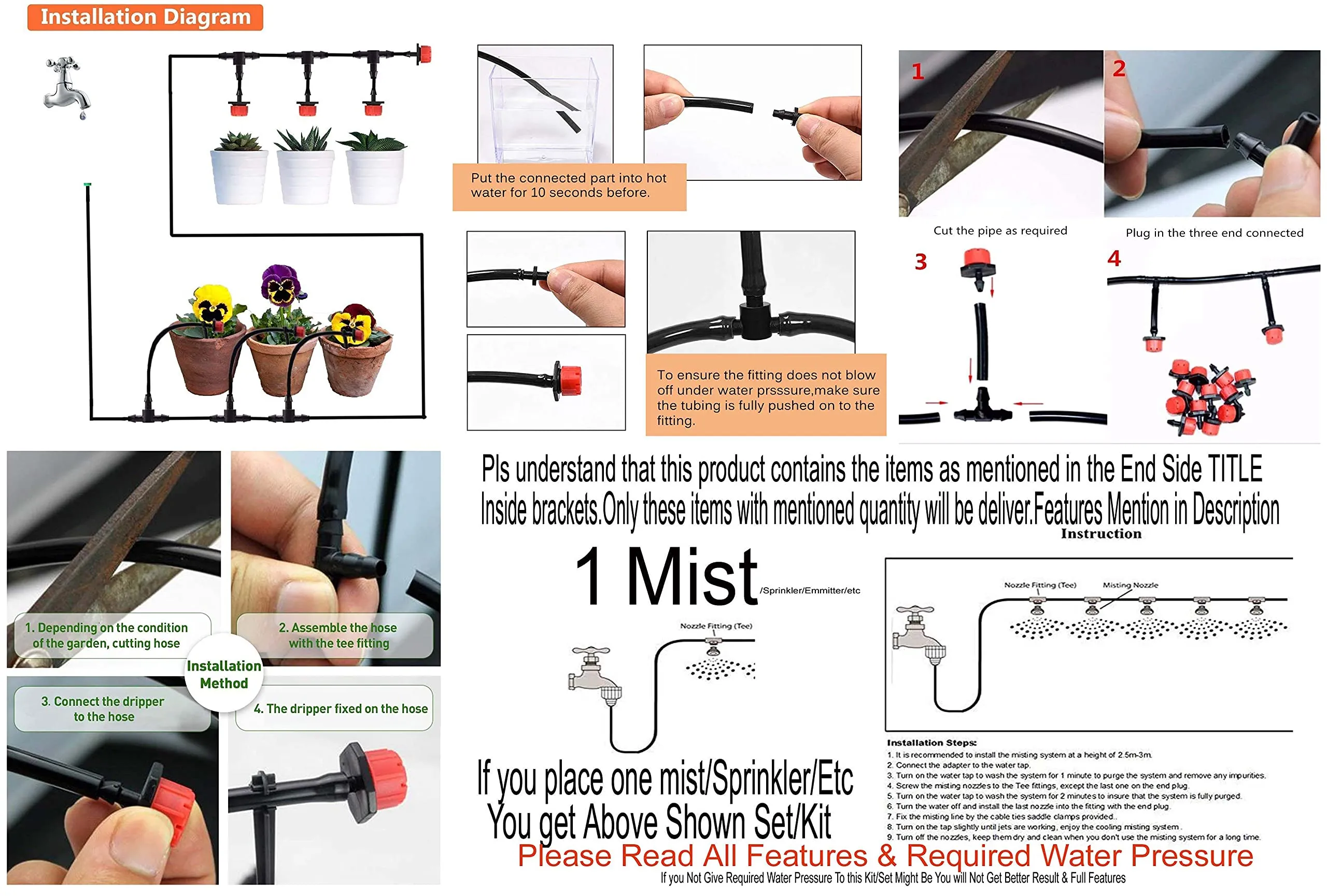 DIY Crafts Micro Drip Irrigation Kit Adjustable Nozzle Automatic Watering Kits,Plant Watering System for Patio,Greenhouse,Lawn,Garden No Installation Require (For 2 Pot, Ready To Install Kit)