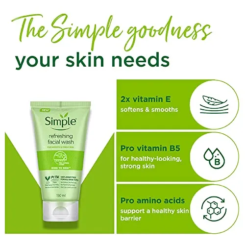 Simple Kind To Skin Refreshing Facewash, 150ml | Mild Face Wash With No Harsh Chemicals, Soap & Paraben Free | Gentle Cleanser For Sensitive Skin