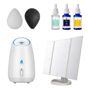 Ultimate Radiance Skincare & Beauty Bundle: Tri-Fold Vanity Mirror, Pursonic Facial Steamer, Anti-Aging Serum Set & Konjac Sponge Duo